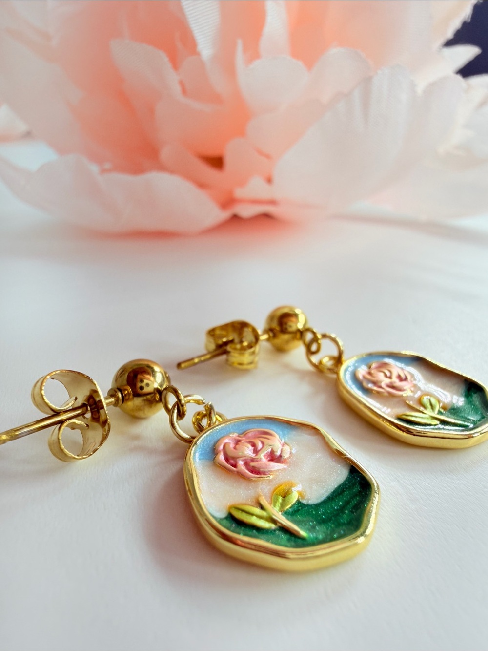 Gold-Tone Pink Floral Drop Earrings - Women's Jewelry